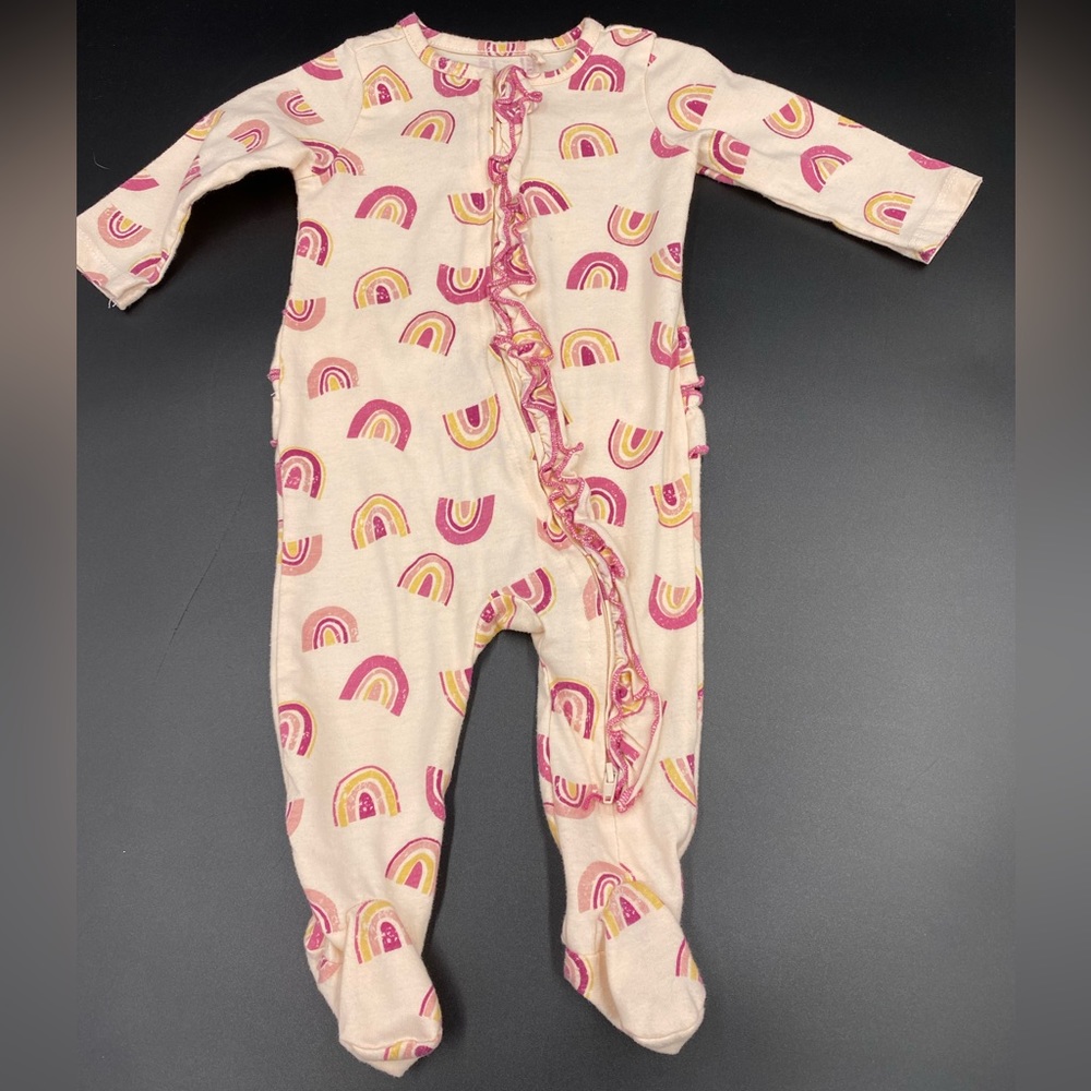 Jessica Simpson 3-6 months infant pink rainbow ruffle themed footie pj